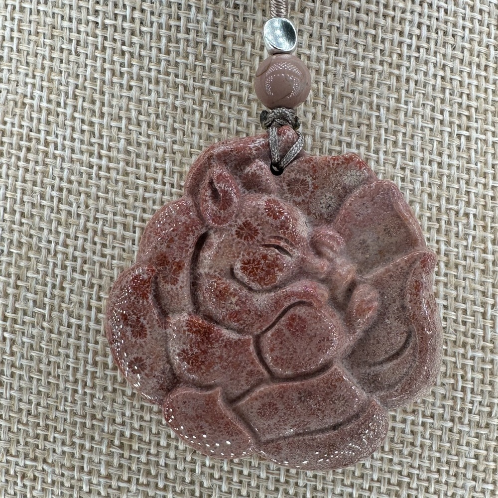 Pink Coral Fossil Sleeping Nine Tail Fox Pendant Necklace; Adjustable Rope - Picture 6 of 16